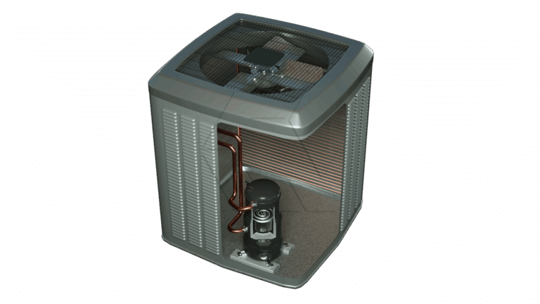 A cutaway illustration of a modern outdoor air conditioning unit shows its internal components, including the compressor, copper tubing, and condenser coil, with a fan visible on top.