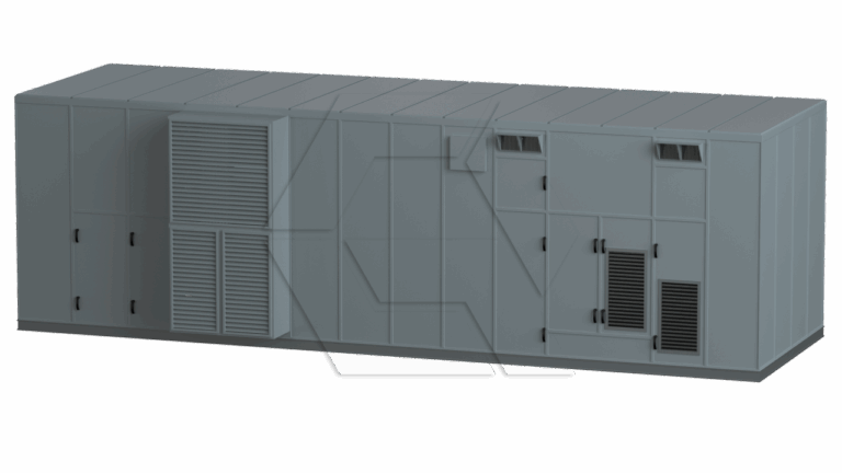 A large, rectangular industrial HVAC unit with multiple vents, louvered panels, and access doors, all in a gray metal finish, positioned on a flat, light-colored background.