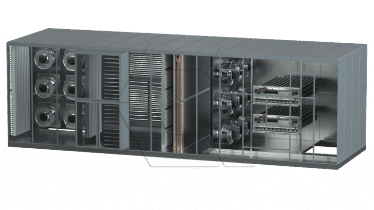A large industrial HVAC unit with multiple fans, coils, and components visible in a cutaway view, showing the internal structure and workings of the system.