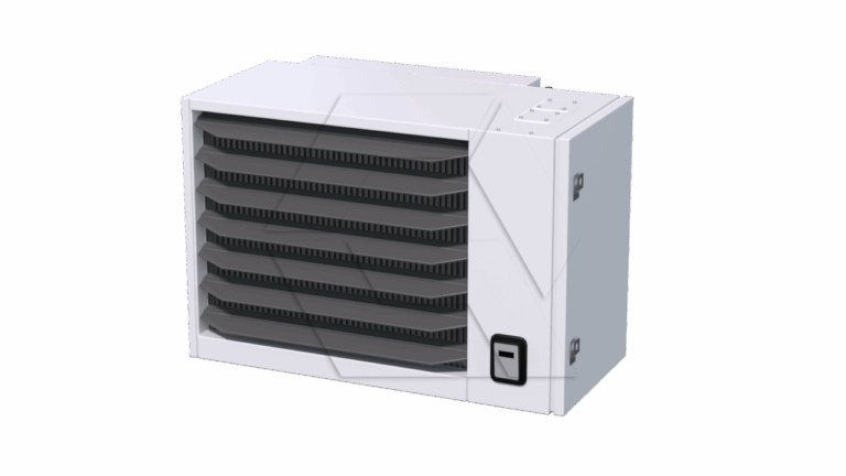 A white wall-mounted industrial heater with black horizontal vents on the front and a small control panel on the lower right corner. The design is boxy and utilitarian.