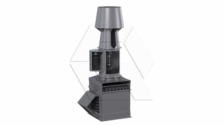 A large industrial ventilation or exhaust system made of metal, featuring a vertical cylindrical duct, angular vents, and a protective housing at the base, all in gray color on a plain background.