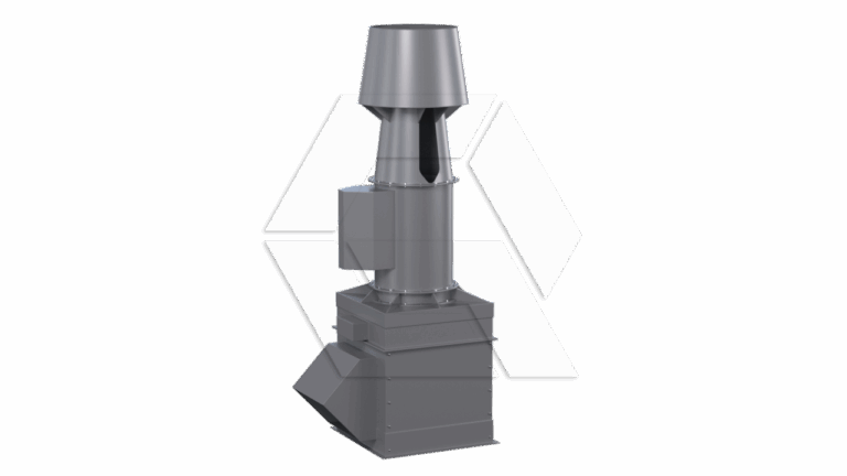 A tall, industrial exhaust fan unit with a rectangular base and a cylindrical upper section, featuring a protective cap at the top, against a plain light background.