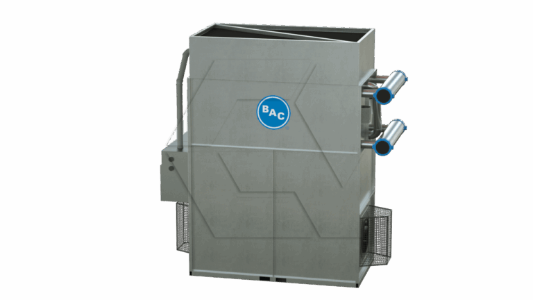 A large industrial cooling tower unit with a blue "BAC" logo on the front, two cylindrical pipes extending from the right side, and metal mesh guards at the lower sides.