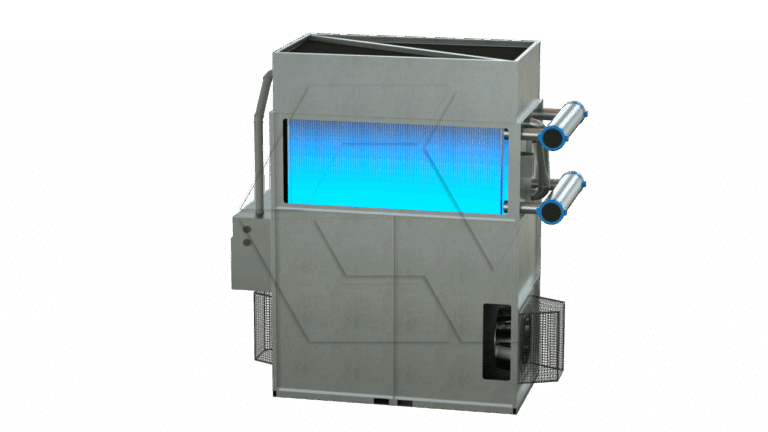 A large, rectangular industrial machine with a blue illuminated panel, metallic pipes on the right side, a control box on the left, and vented sections near the bottom, set against a plain white background.