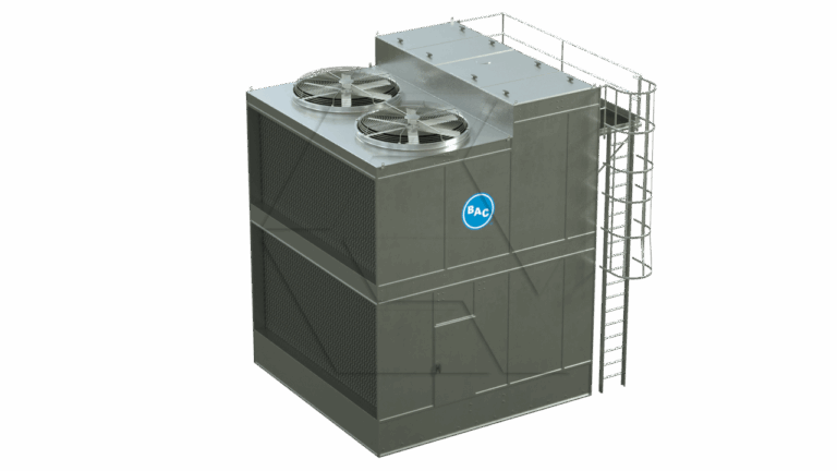 A large industrial cooling tower with two fans on top, a BAC logo on the side, metal mesh panels, and an exterior ladder with a safety cage leading to the upper platform.