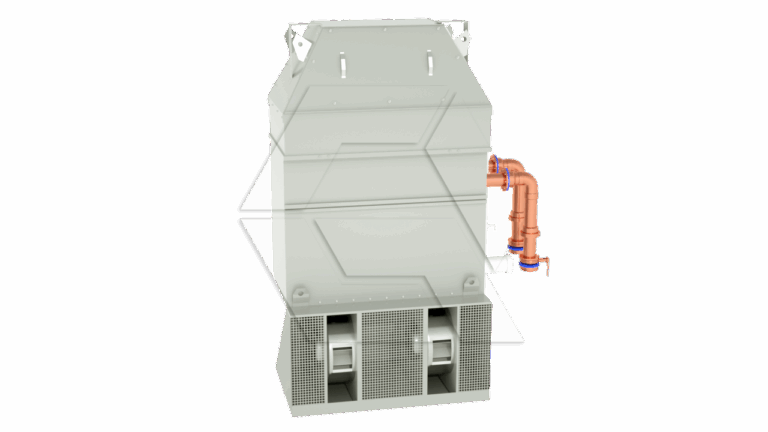 A 3D-rendered industrial HVAC unit with a gray metal body, three vent openings at the bottom, and orange copper pipes attached to the side.
