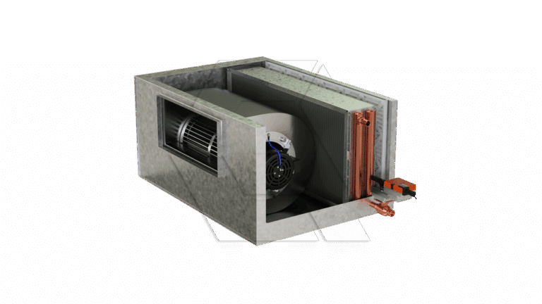A metal HVAC duct unit with an exposed fan blower, copper coils, and a mounted control valve, isolated on a white background.
