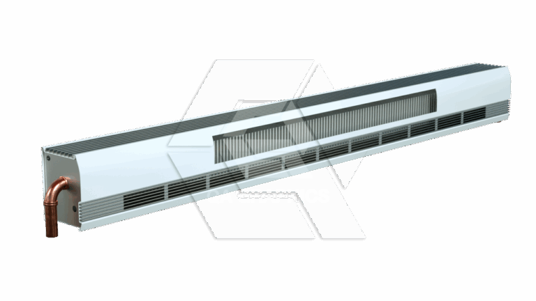 A white metal baseboard heater with a vented front panel and exposed copper pipes on one end, designed for wall installation.