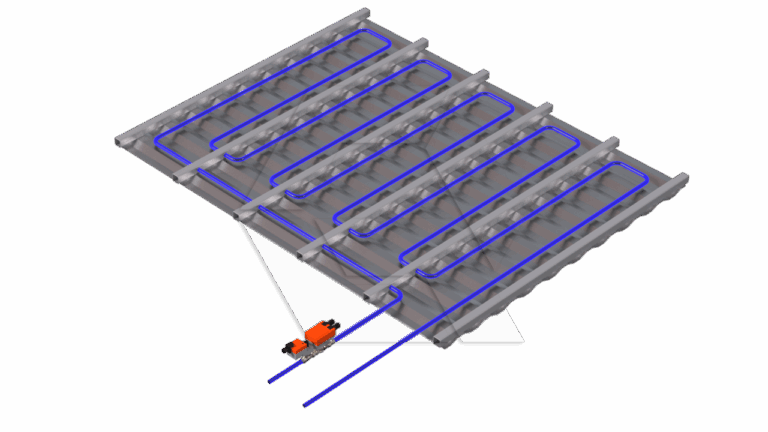 A diagram shows a series of six parallel, rectangular channels with blue lines looping through them, connected to a small orange machine at the bottom left. The layout appears technical or industrial.