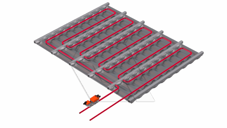 3D illustration showing a heating system with red pipes arranged in a zigzag pattern beneath several rectangular floor panels; a small orange mechanical device is attached to the pipes at one end.