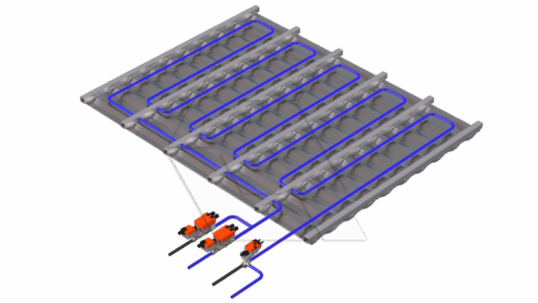 A 3D diagram showing a system of parallel metal trays with blue tubing weaving back and forth through each, connected to orange pump-like devices at the bottom left corner.