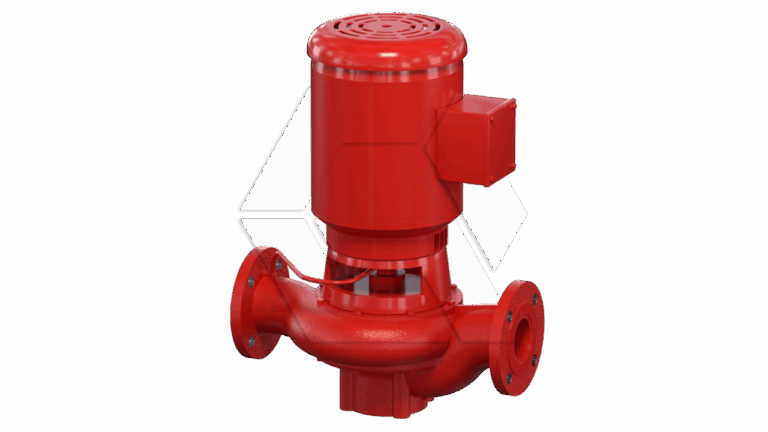 A red industrial water pump with a cylindrical motor on top and flanged pipe connections at the base, set against a plain white background.