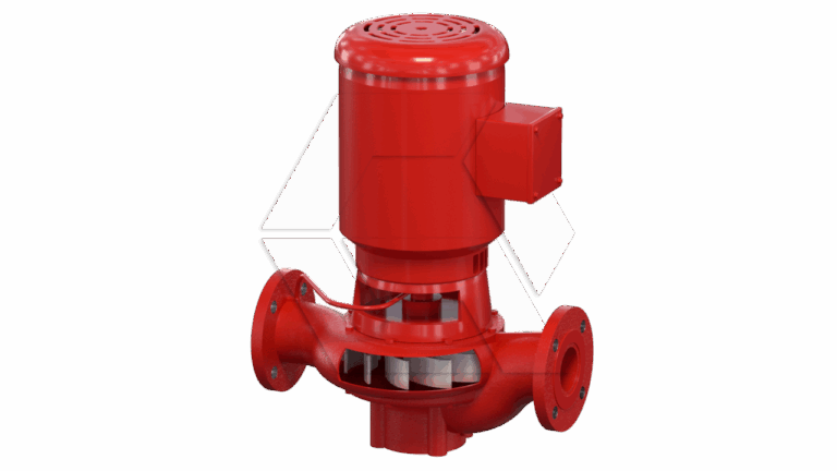 A red industrial centrifugal pump with a cylindrical motor mounted on top and flanged inlet and outlet pipes at the base, isolated on a white background.