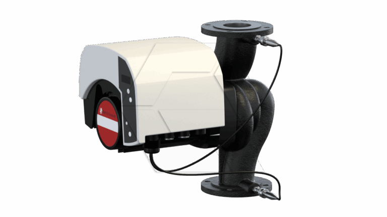 A close-up view of an industrial water pump with a white and black housing, red accent, and attached electrical cables connected to the black metal pipe flanges at the base and top.