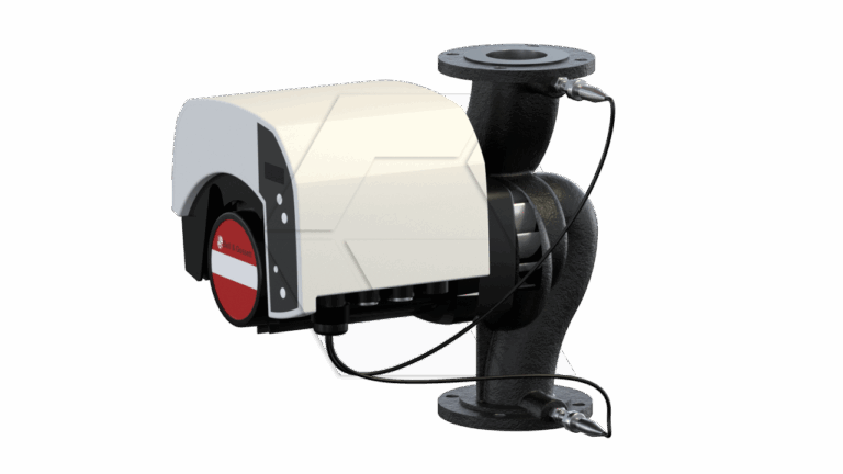 A black and white industrial pump with an electronic control unit and two wire connections, mounted on a curved pipe flange, against a plain light background.