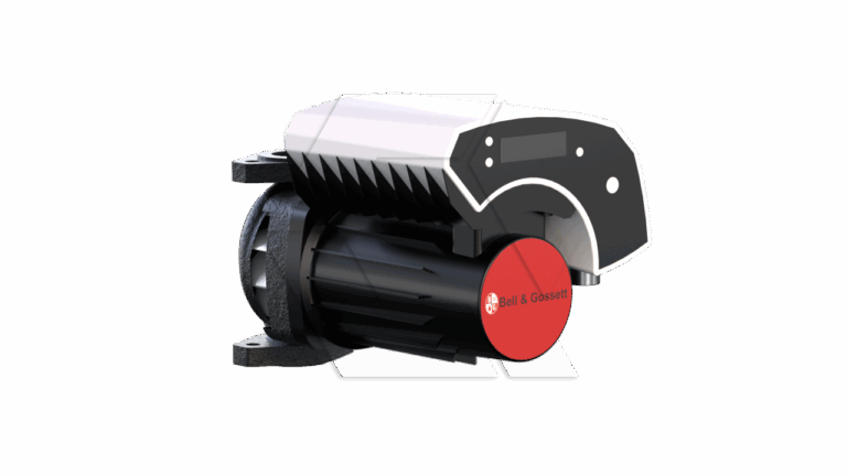 A black and red Bell & Gossett industrial pump with a cylindrical body and fins, displayed against a plain white background.