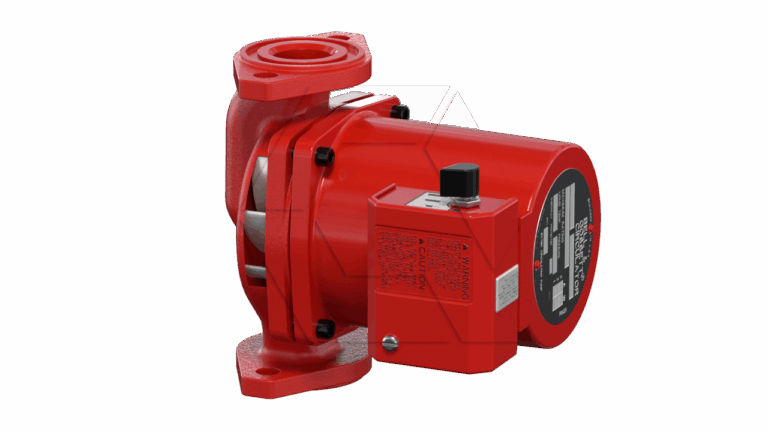 A red industrial pump with a cylindrical motor casing, mounting flanges, and a control box attached. The pump has metallic components visible on the side and a label with specifications on the back.