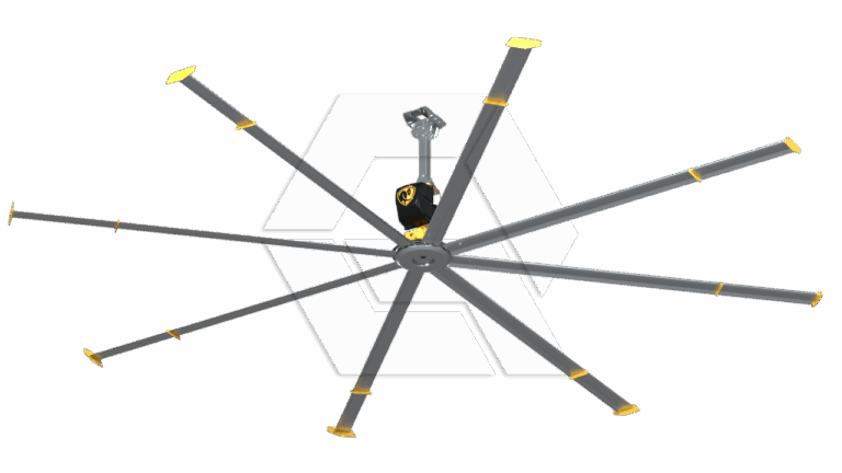 A large industrial ceiling fan with eight gray blades tipped with yellow accents, mounted on a central hub with a visible motor and support bracket, set against a plain white background.