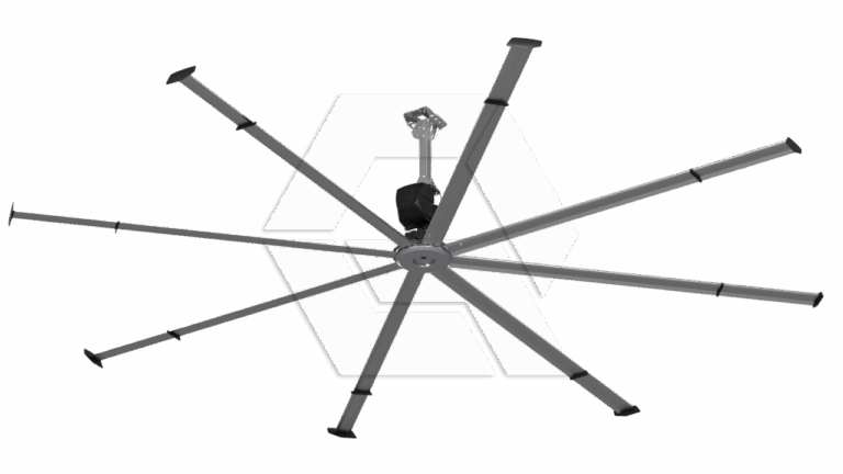 Large industrial ceiling fan with eight long metal blades, viewed from below against a plain white background. The fan has a central motor housing and is mounted to the ceiling with a bracket.