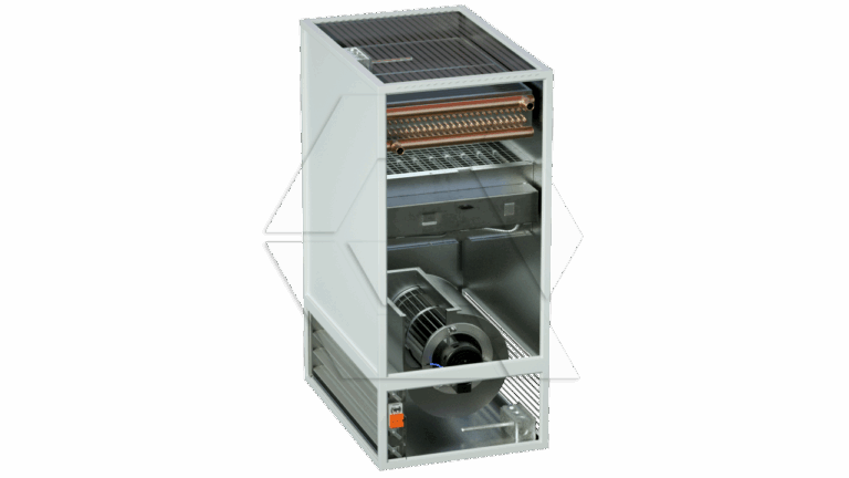 A cutaway view of a metal HVAC furnace unit showing internal components, including the blower fan, copper coils, and air filter.