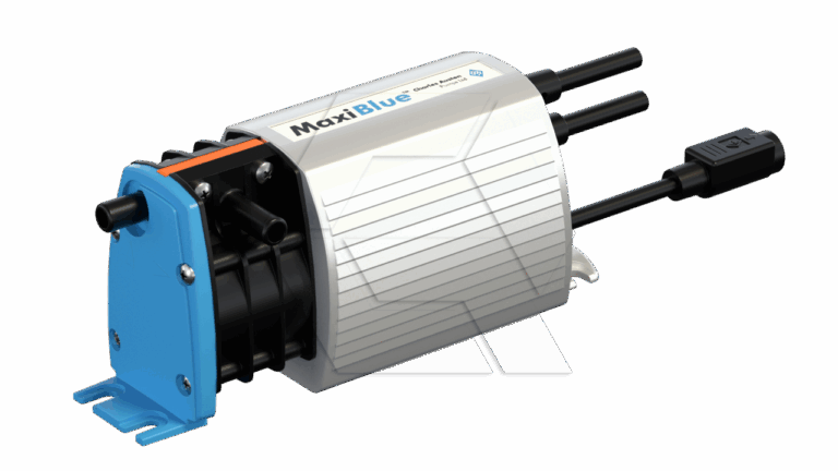 A compact MaxiBlue branded pump with a white ribbed body, black tubing connectors, a blue mounting bracket, and a black power plug, shown against a plain white background.