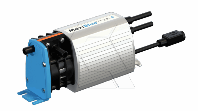 A MaxiBlue condensate removal pump with a blue mounting bracket, white ribbed body, black tubing connectors, and a black power connector against a light background.