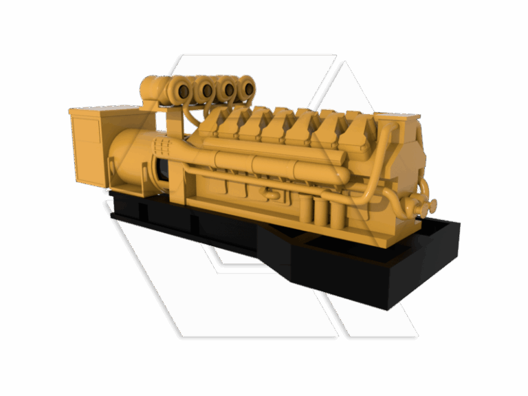 3D-rendered model of a large, yellow industrial engine with multiple cylinders, mounted on a black base, viewed from an angle against a light gray background.