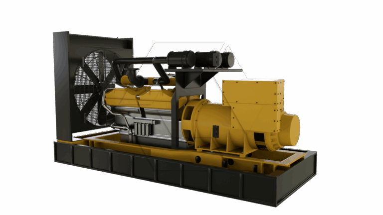 A yellow industrial generator with a large fan, black frame, and visible mechanical components, displayed on a black base against a plain white background.