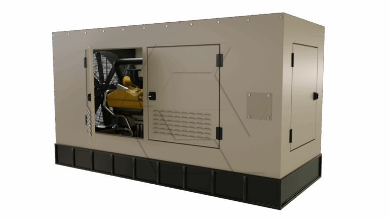 A beige industrial generator with partially open side panels, revealing internal machinery and controls, is set on a black platform against a plain white background.