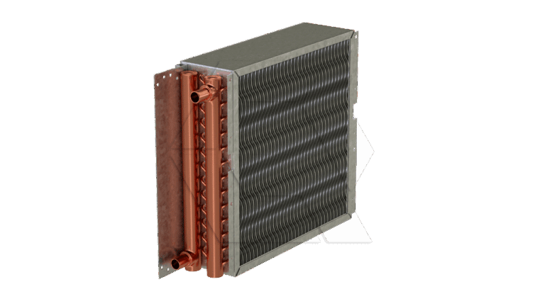 A metal heat exchanger coil with copper pipes and wavy black fins, mounted in a rectangular frame, used for heating or cooling air in HVAC systems.