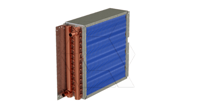 A HVAC coil with copper tubing, side metal panel, and a blue finned surface, used for heating or cooling air in ventilation systems, shown against a white background.