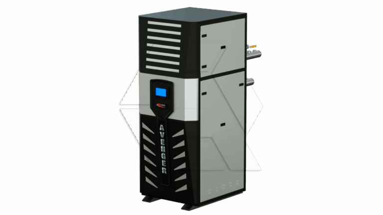 A rectangular, industrial black and gray heater or boiler unit labeled "AVENGER," with a digital display and side pipes, stands on a plain, light background.