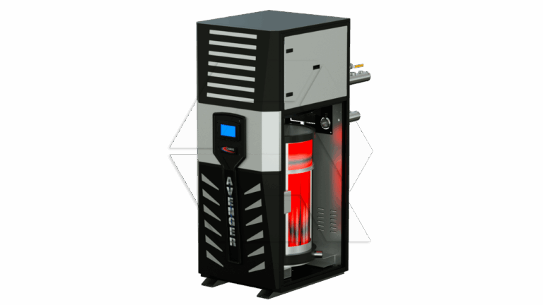A 3D-rendered image of a black and gray industrial heater labeled "AVENGER," showing a digital display and an internal cylindrical component glowing red, with pipes connected at the back.