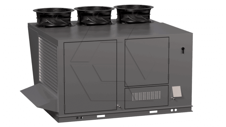 A large industrial HVAC unit with three circular fans on top, metal panels on the front, and vented side panels, set against a plain white background.