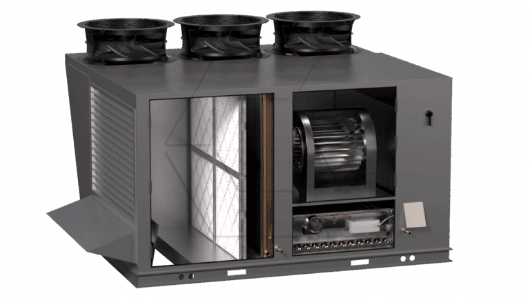 A large industrial HVAC unit with three fans on top; the side panel is open, revealing filters, wiring, and a large blower fan inside. The exterior is gray metal.
