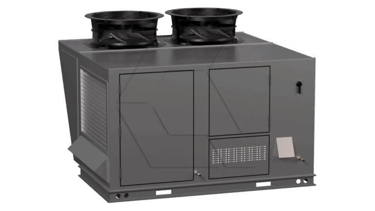 A large gray industrial HVAC unit with two black fans on top, vents on the side, and panel doors on the front, standing on a plain background.