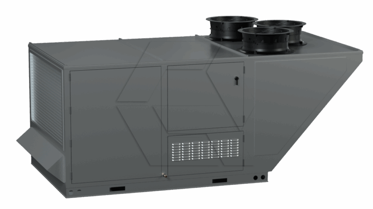 A large, industrial HVAC rooftop unit with three circular exhaust fans on top, a vented panel, and access doors on the side, all in a gray metallic finish against a plain background.