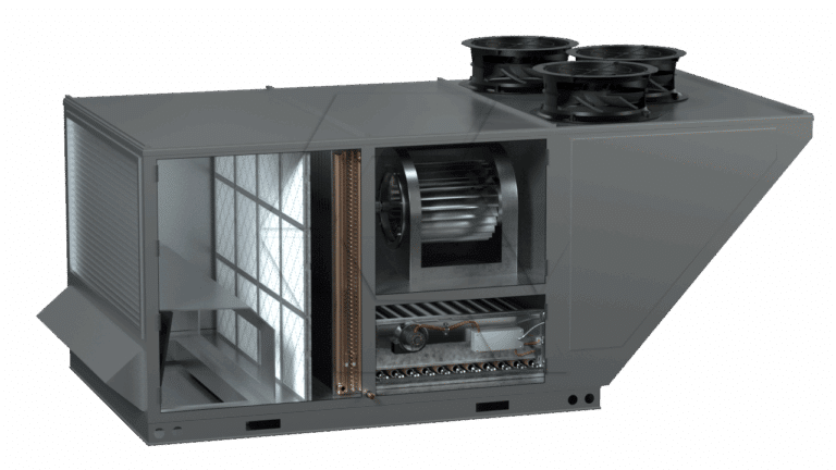 A cutaway view of an industrial HVAC rooftop unit showing internal components, including filters, coils, a large fan, electrical wiring, and three exhaust fans on top.