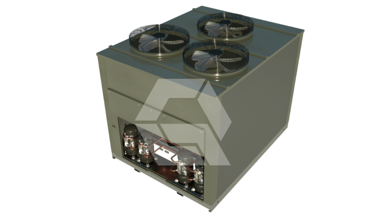 A large industrial HVAC unit with three fans on top and an open front panel showing internal components, including wiring and cylindrical parts. The background is plain white.
