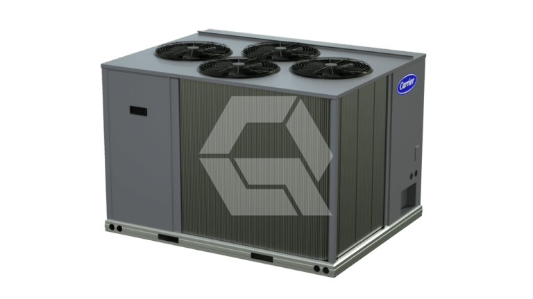 A large gray industrial HVAC unit with four black fans on top, ribbed panels on the sides, and a Carrier logo on the upper right front corner, set against a plain white background.