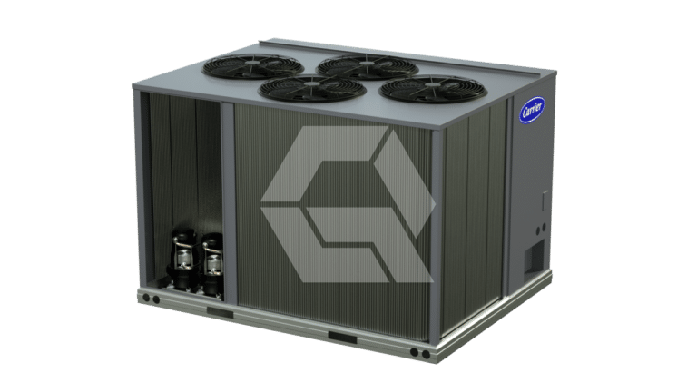 A large gray industrial HVAC unit with four black cooling fans on top, metal panel sides, and the Carrier logo on the front right corner, set against a plain white background.
