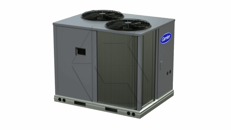 A gray industrial HVAC unit with two large black fans on top, a vented front panel, and a blue Carrier logo on the side, set against a plain white background.