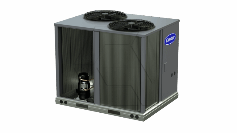 A commercial Carrier HVAC rooftop unit with two large fans on top, an exposed compressor inside, and a metallic gray exterior, designed for heating, ventilation, and air conditioning.