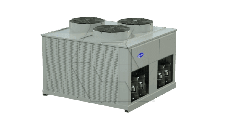 Large industrial HVAC unit with three circular fans on top, metal casing, and visible internal components. The unit is gray and has a blue Carrier logo on the front panel.