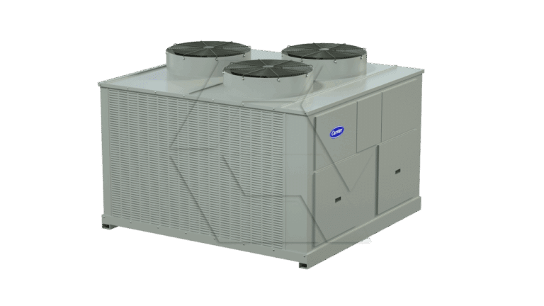 A large, rectangular commercial HVAC unit with three round fans on top and a vented front panel, set against a plain white background.