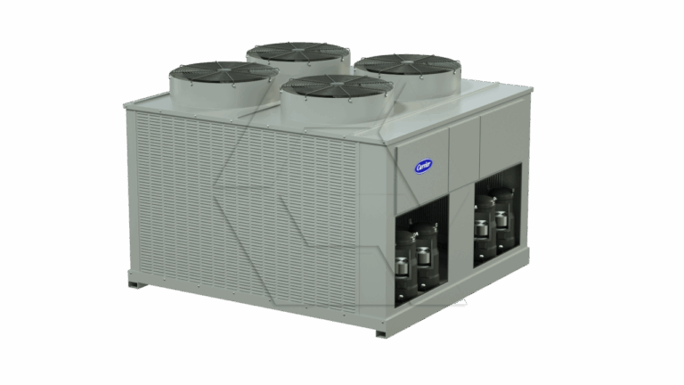 A large industrial HVAC unit with four circular fans on top, metal grilles on the sides, and visible internal components, set against a plain white background.