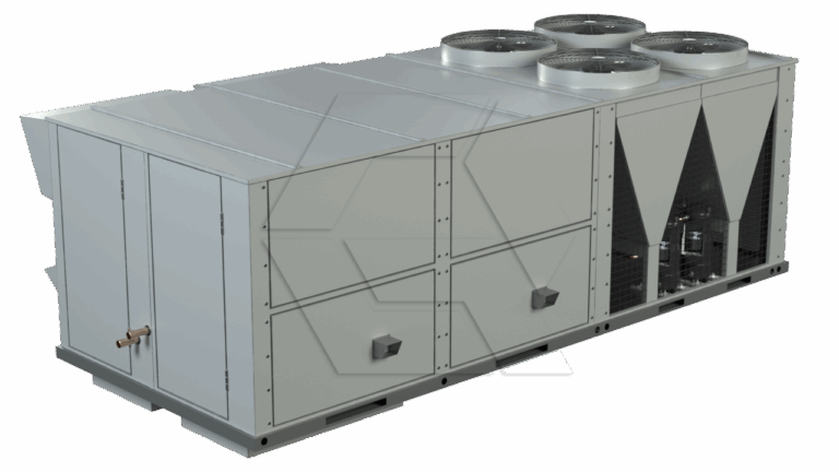 A large industrial HVAC unit with four circular fans on top, multiple access panels, and visible internal mechanical components, designed for climate control in commercial or industrial buildings.