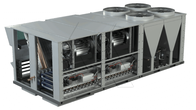 A large industrial HVAC rooftop unit with the side panels removed, showing internal components like fans, coils, compressors, and wiring. Four circular fan units are visible on top of the machine.