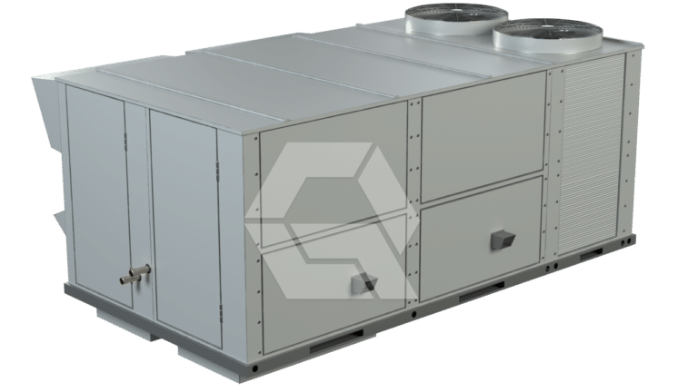A large industrial HVAC rooftop unit with two circular fans on top, metal panels, and visible vents, designed for heating, ventilation, and air conditioning in commercial buildings.