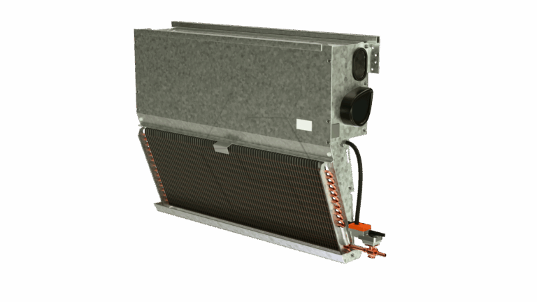 A metallic HVAC coil unit with copper piping and fins, angled with visible wiring and connections, used for heating or cooling air in ventilation systems.
